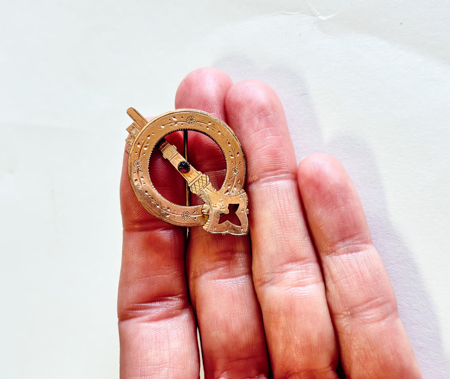 1900s Celtic Tara Brooch, Antique Gold Engraved Ring Pin