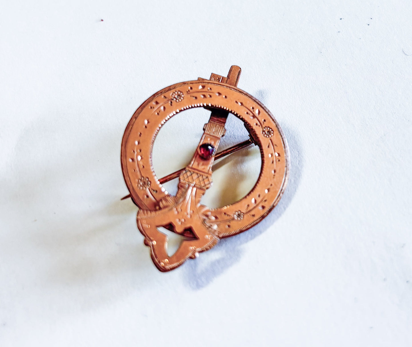 1900s Celtic Tara Brooch, Antique Gold Engraved Ring Pin