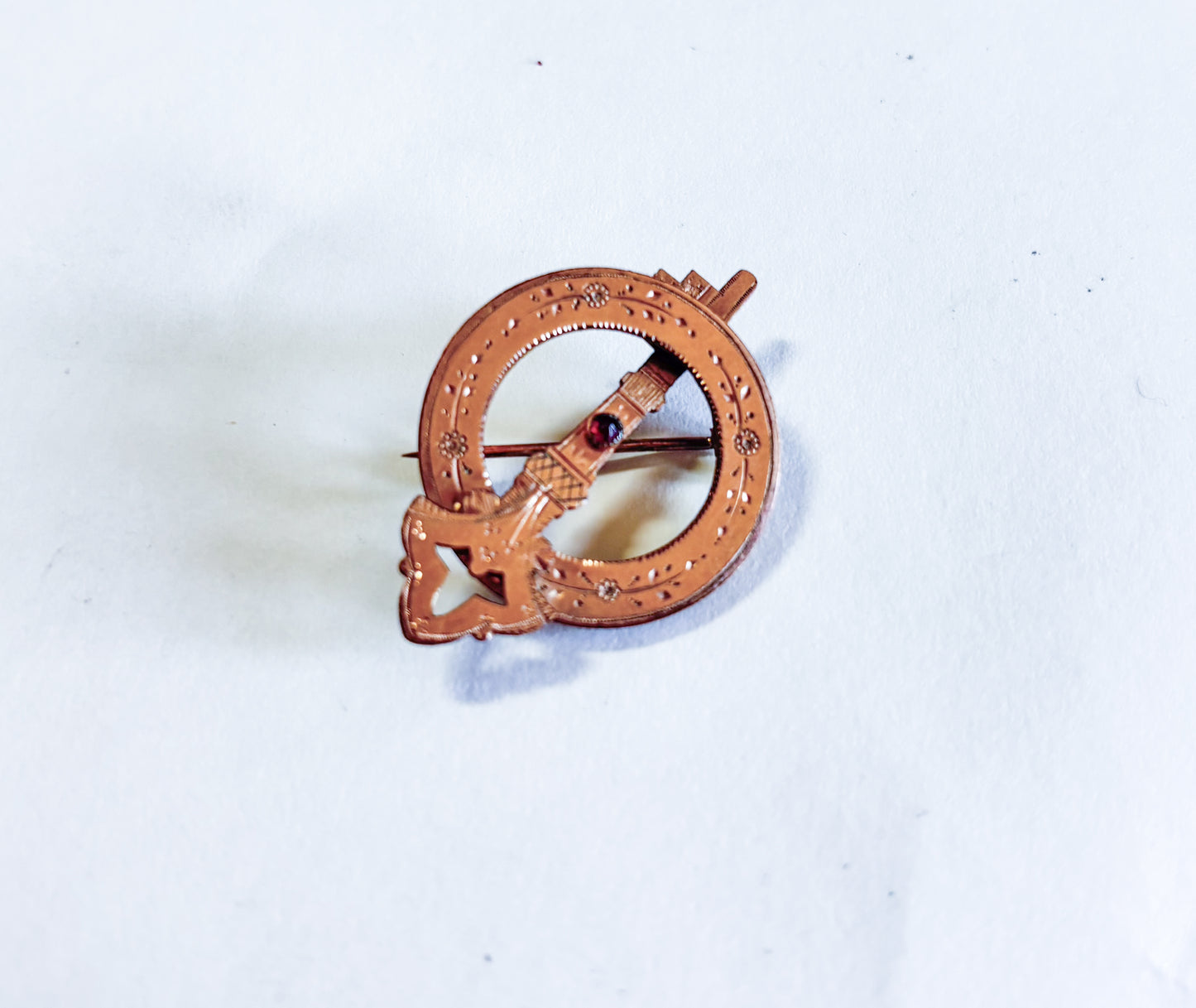 1900s Celtic Tara Brooch, Antique Gold Engraved Ring Pin