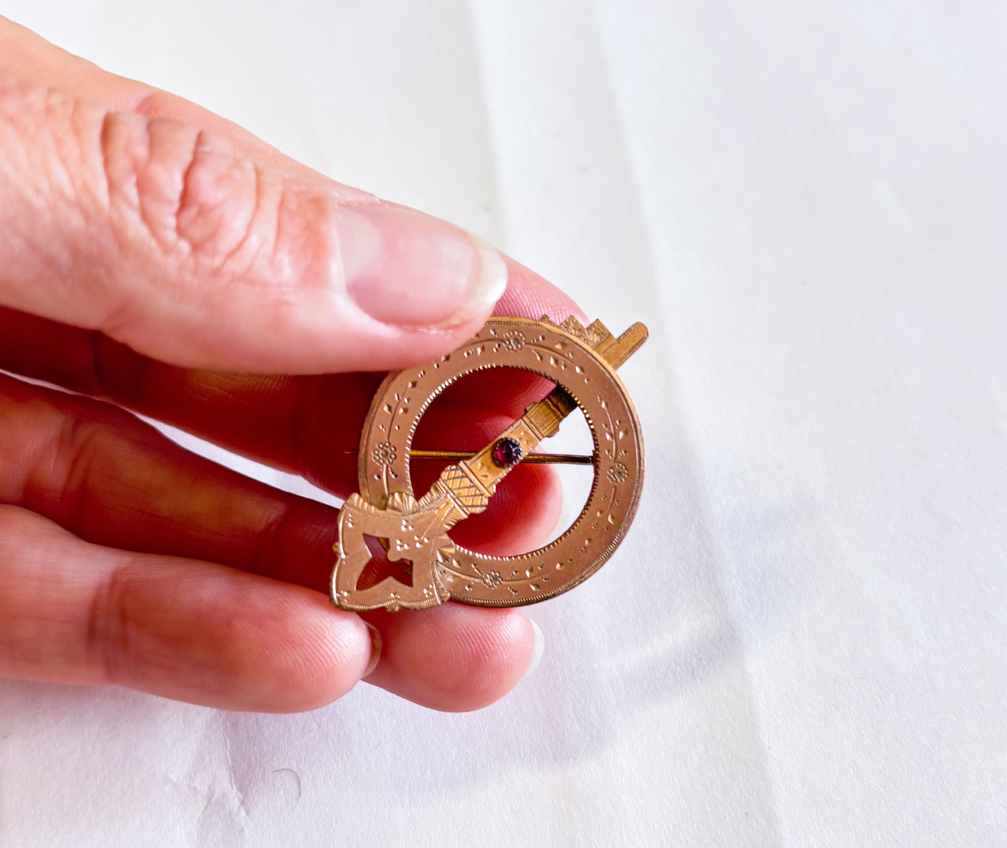 1900s Celtic Tara Brooch, Antique Gold Engraved Ring Pin