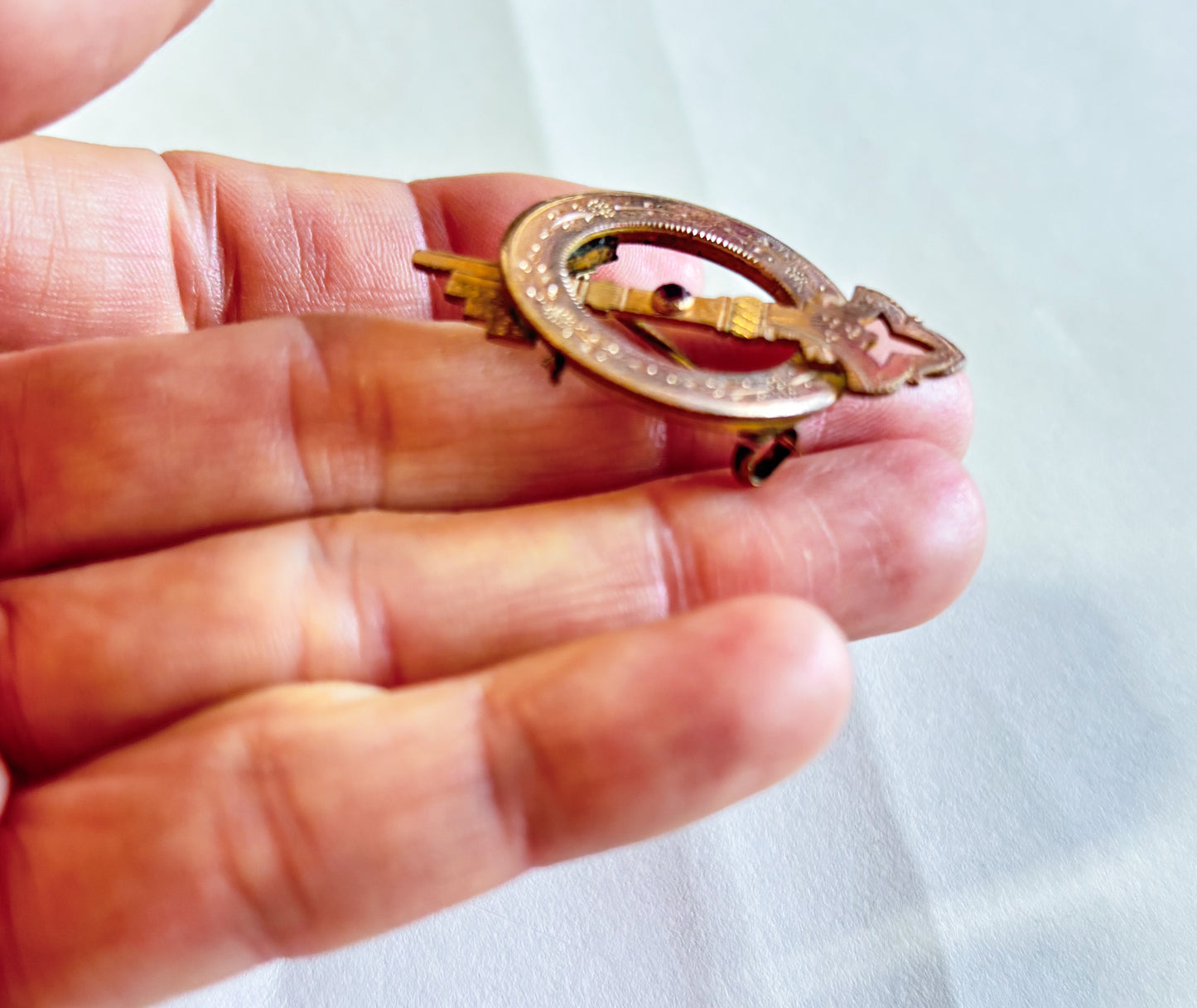 1900s Celtic Tara Brooch, Antique Gold Engraved Ring Pin