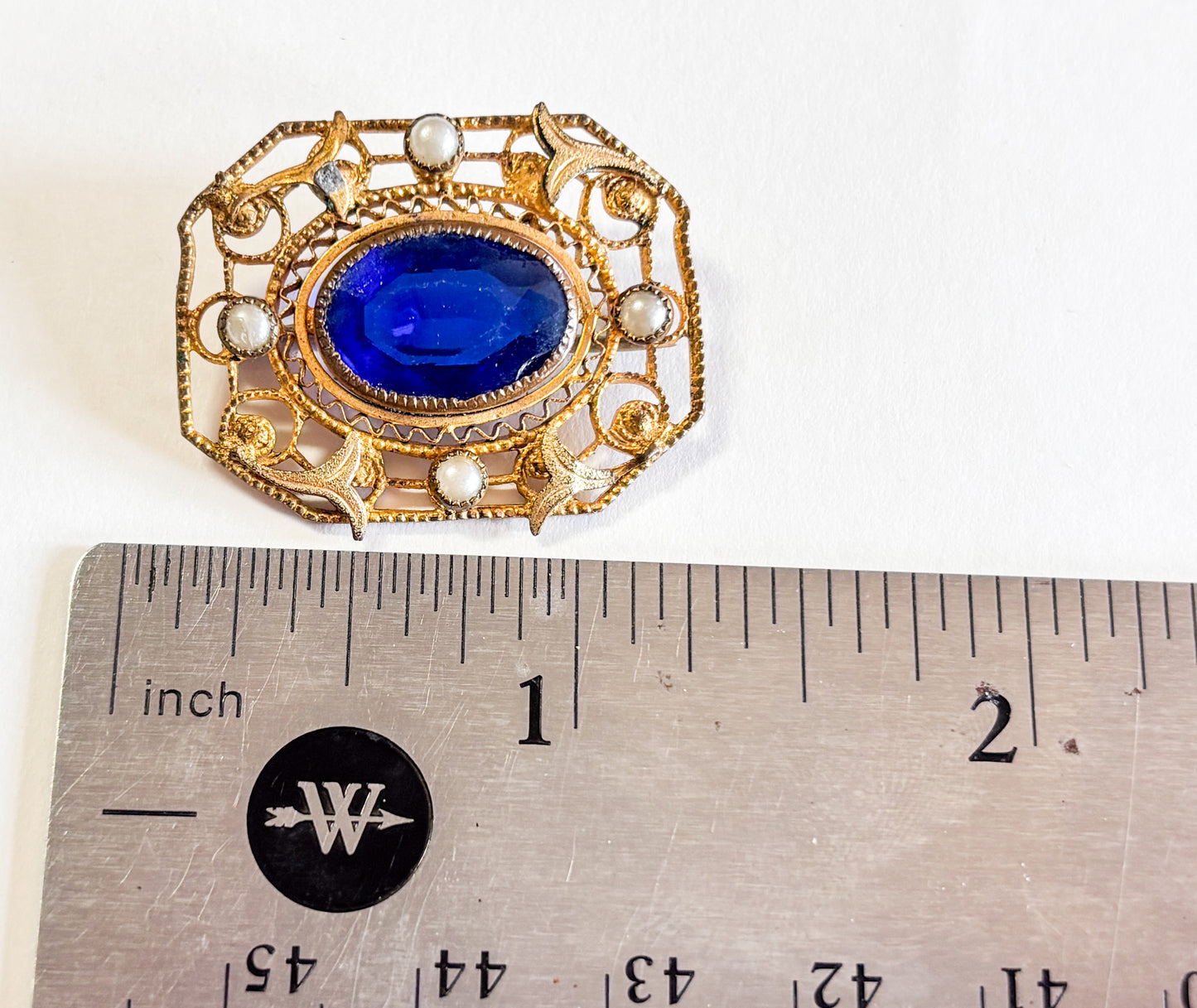 1900s Art Nouveau Antique Brooch | Vintage Blue Glass Pin