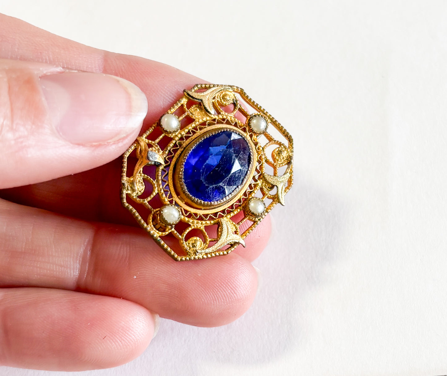 1900s Art Nouveau Antique Brooch | Vintage Blue Glass Pin