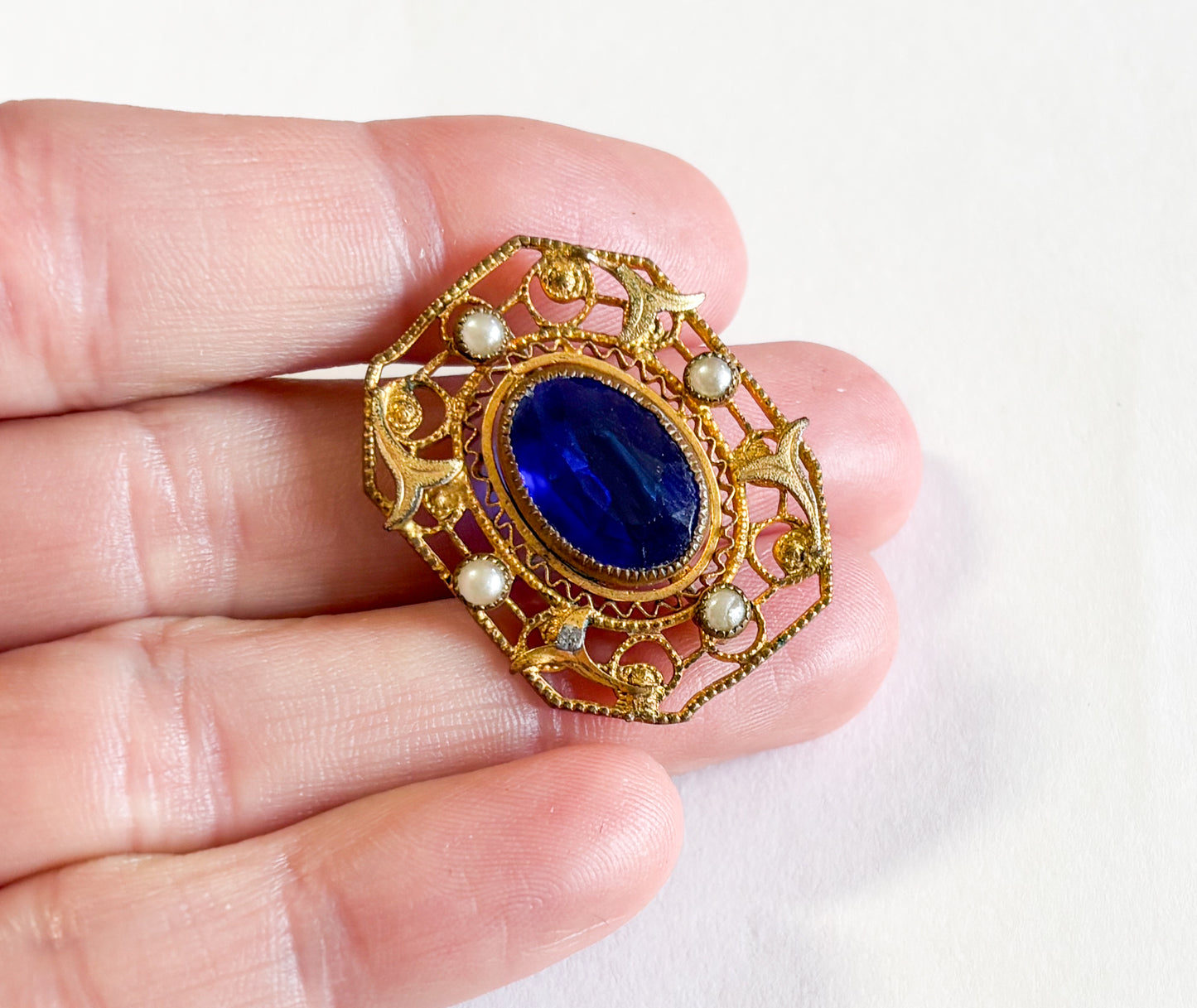 1900s Art Nouveau Antique Brooch | Vintage Blue Glass Pin