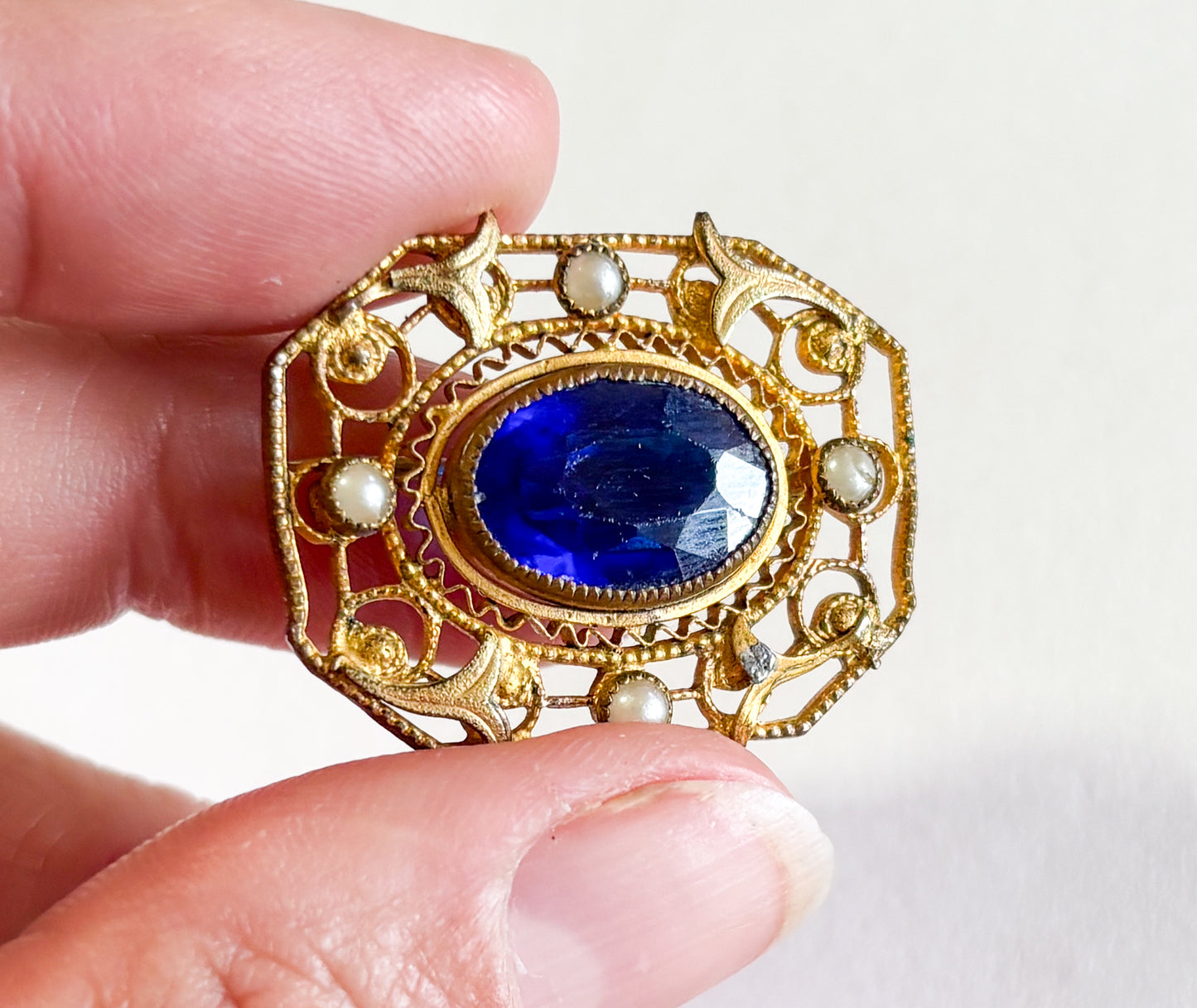 1900s Art Nouveau Antique Brooch | Vintage Blue Glass Pin
