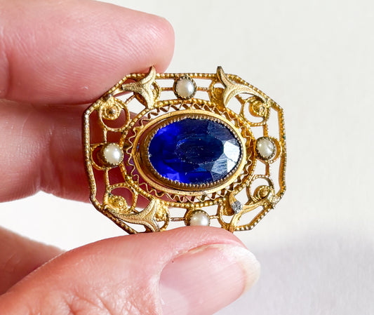 1900s Art Nouveau Antique Brooch | Vintage Blue Glass Pin