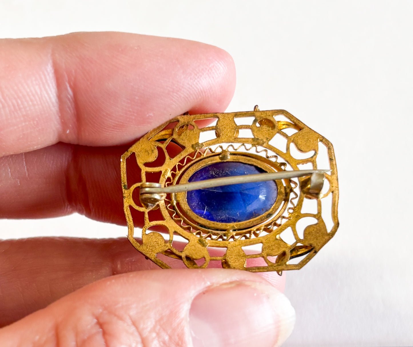 1900s Art Nouveau Antique Brooch | Vintage Blue Glass Pin