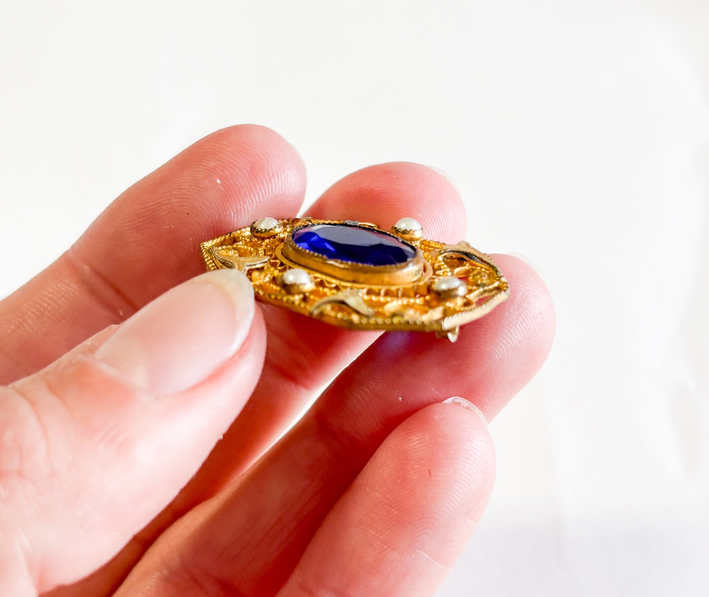 1900s Art Nouveau Antique Brooch | Vintage Blue Glass Pin