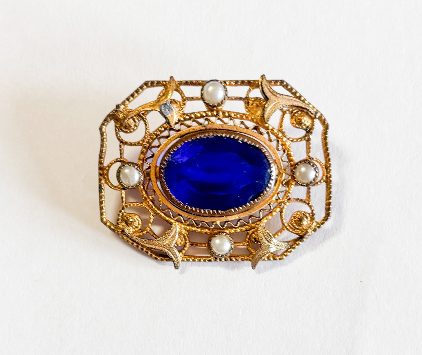 1900s Art Nouveau Antique Brooch | Vintage Blue Glass Pin