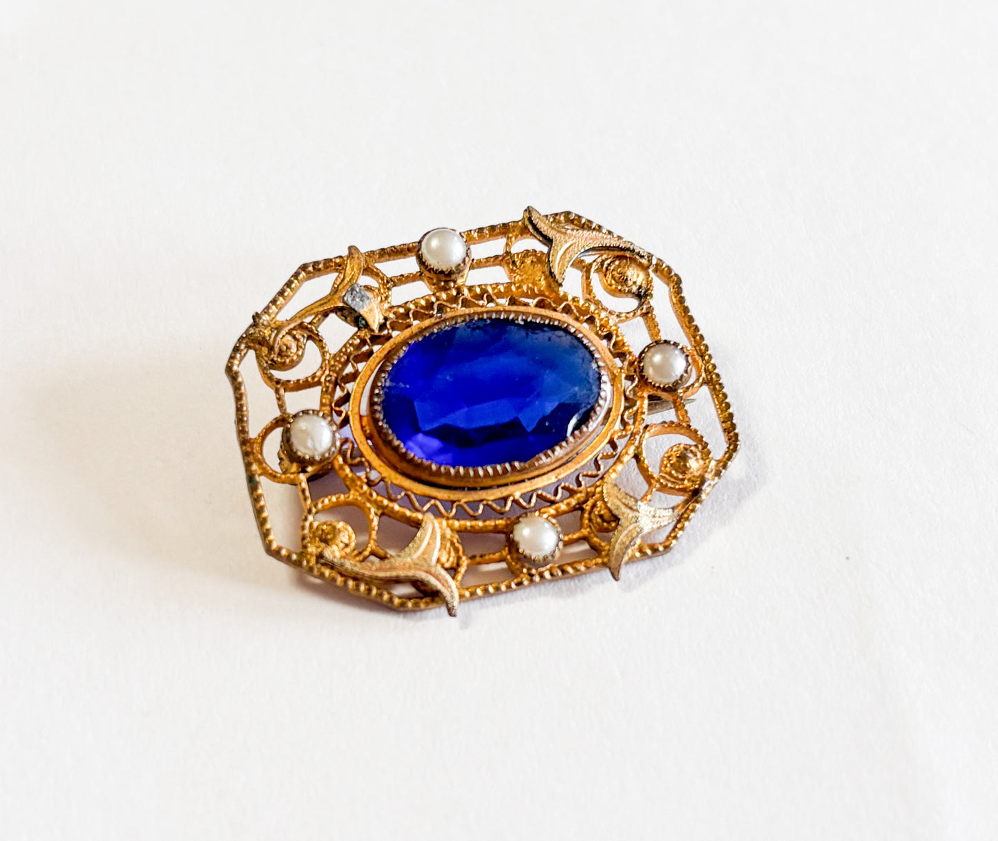1900s Art Nouveau Antique Brooch | Vintage Blue Glass Pin