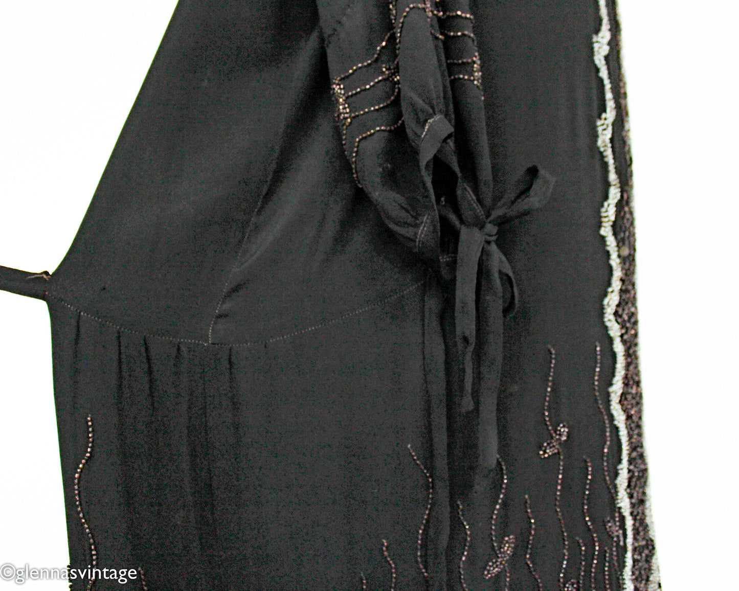 1920s Plus Size Beaded Black Silk Dress, Extra Large