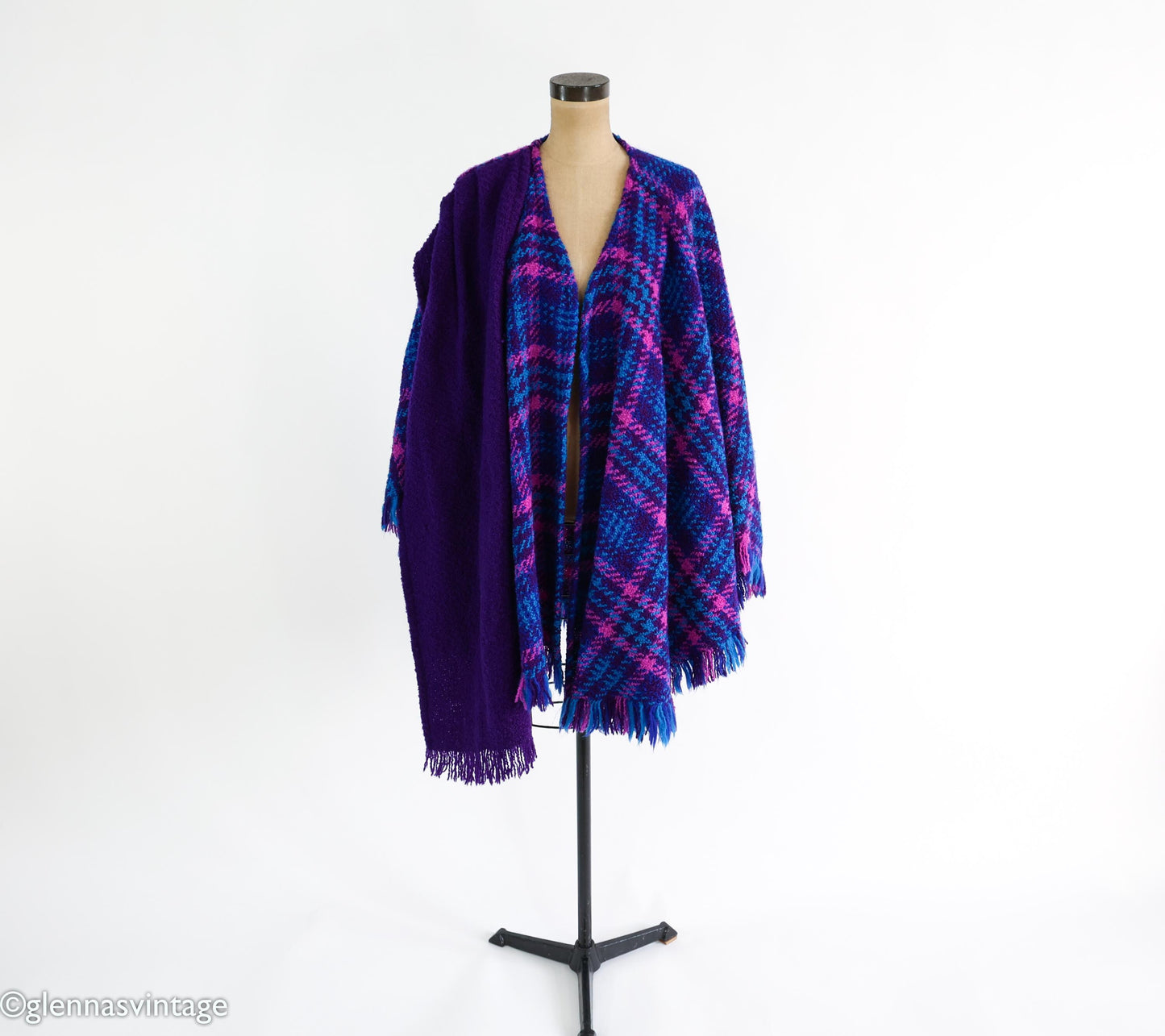 1980s Purple Blue Plaid Cape Irish Wool Cape, One Size