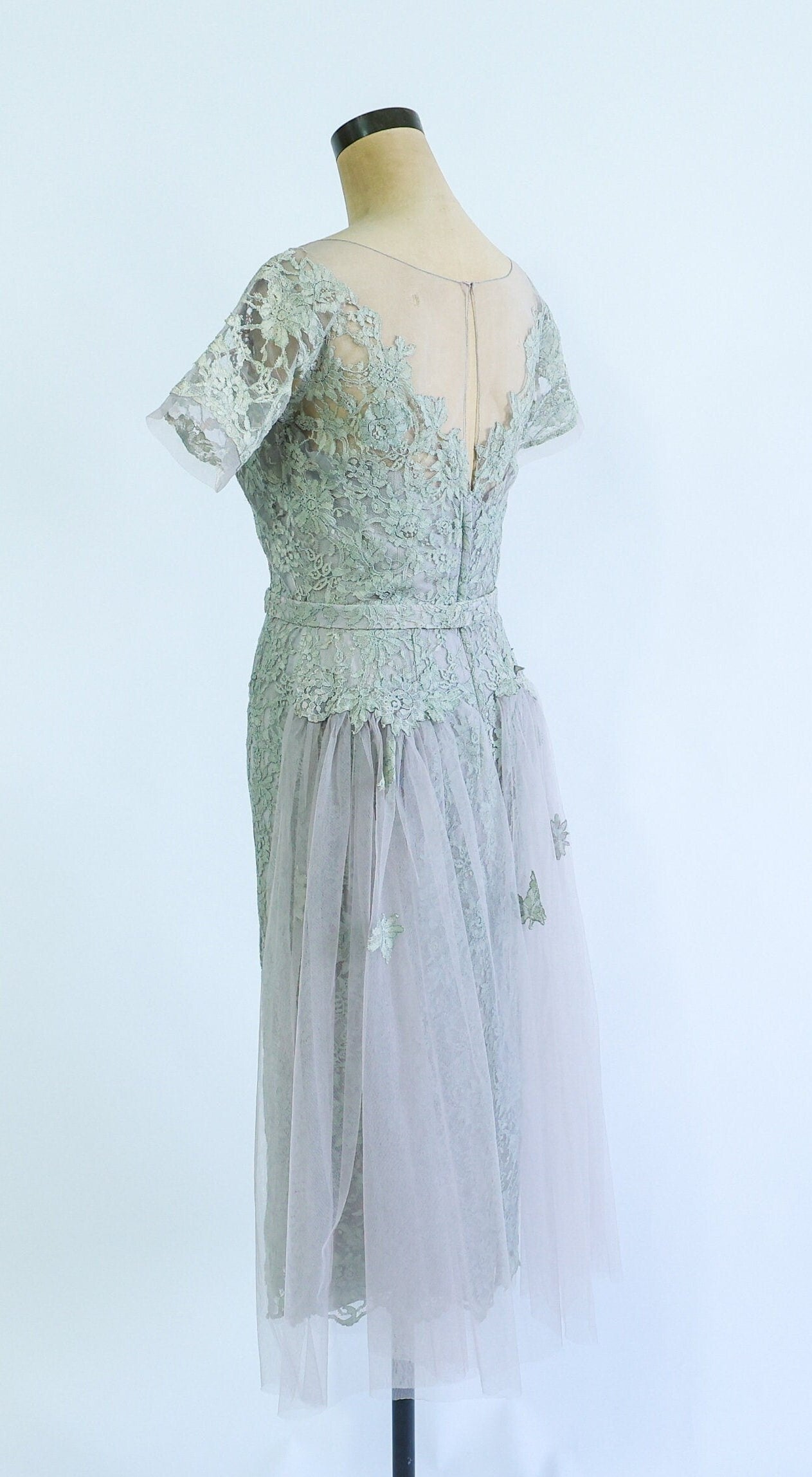 1950s Dove Gray Tulle Tea Party Dress, Small