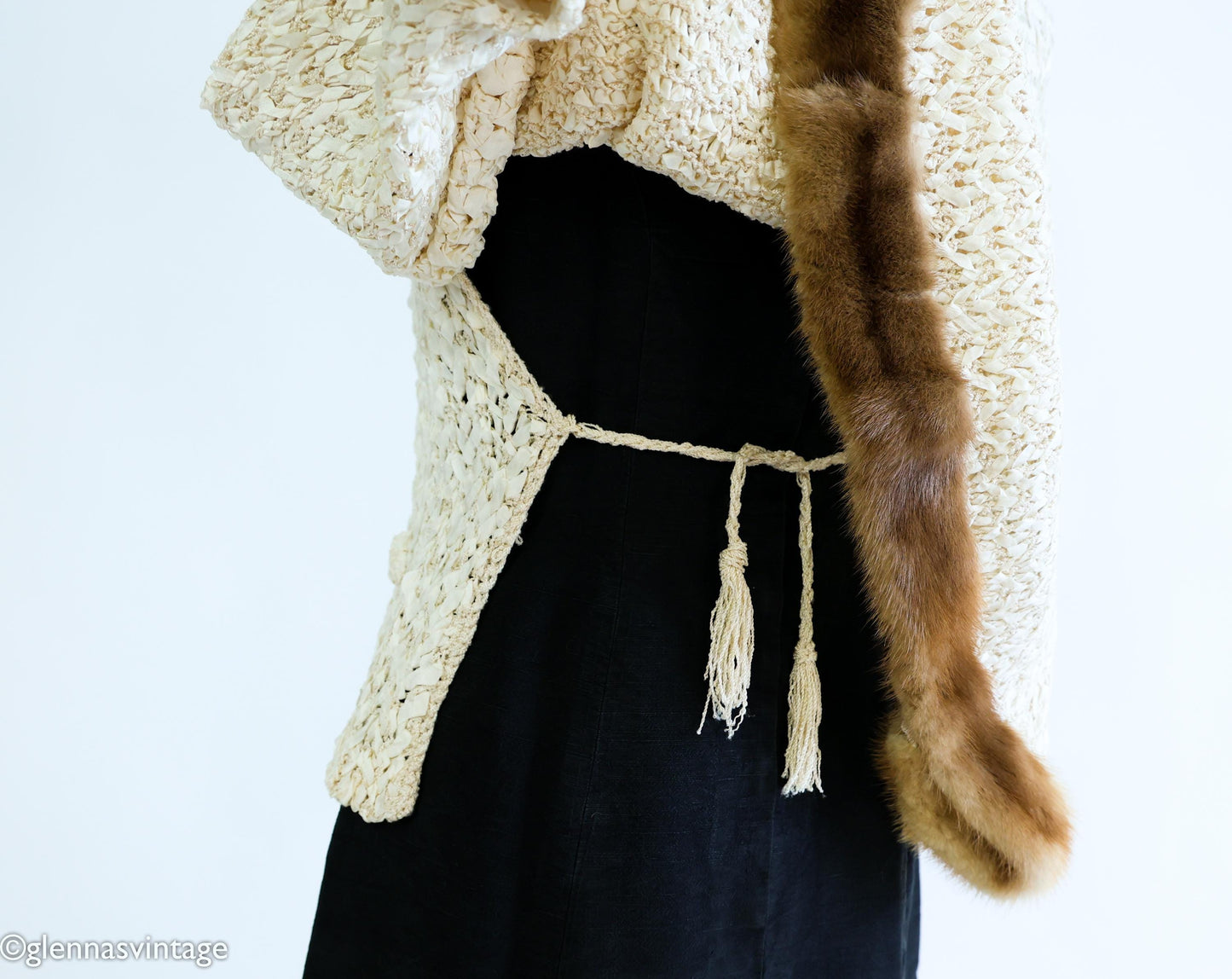1940s Creme Crochet Ribbon Mink Trimmed Capelet |  40s Creme Silk Mink Trimmed Ribbon Cape  | One Size