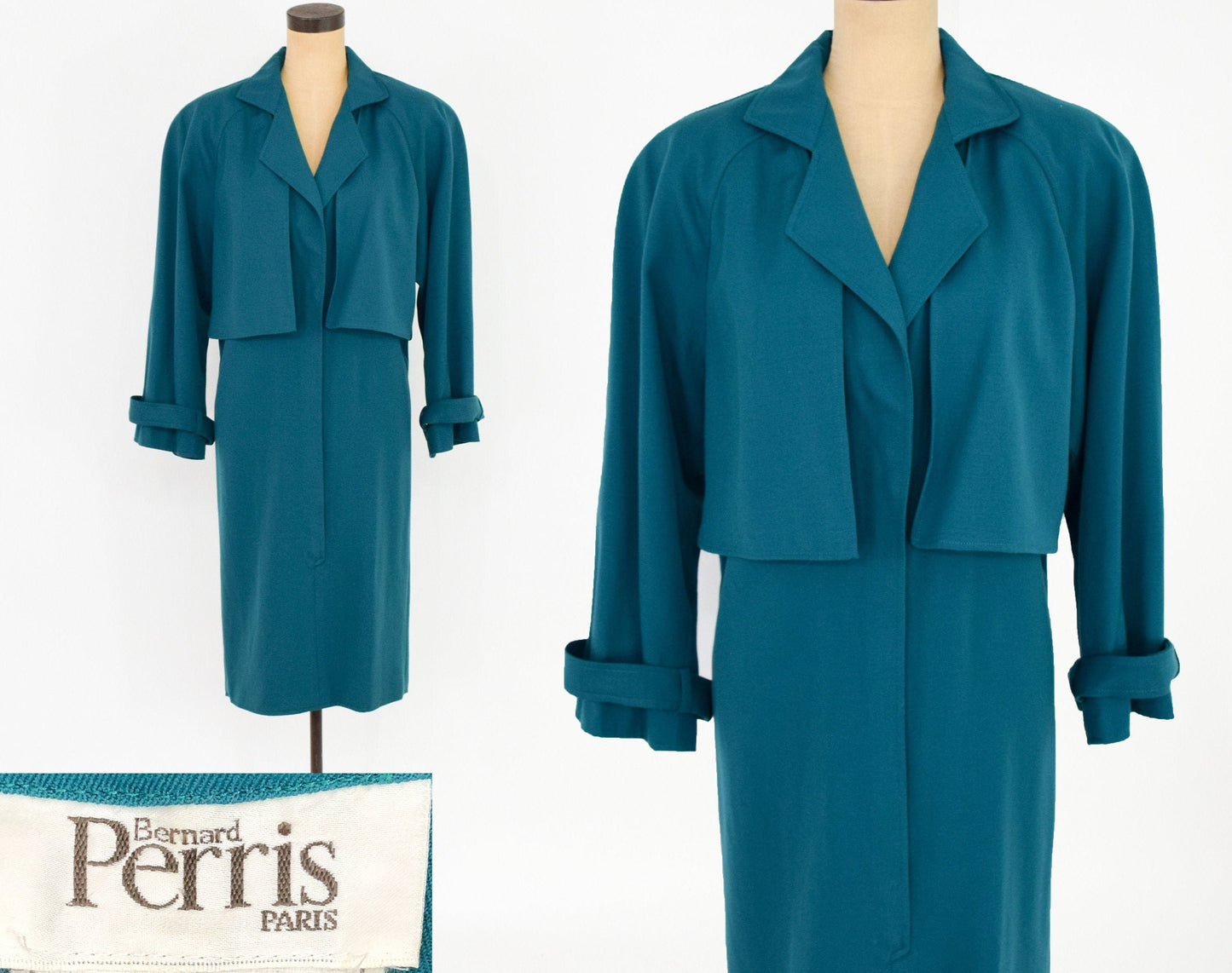 1980s Bernard Perris Aqua Wool Gabardine Dress, Medium