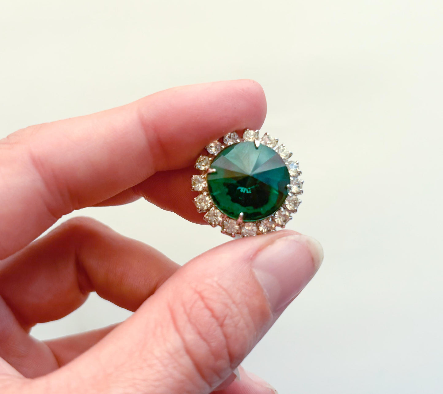 1950s Green Cocktail Ring, Vintage Adjustable Rhinestone Ring