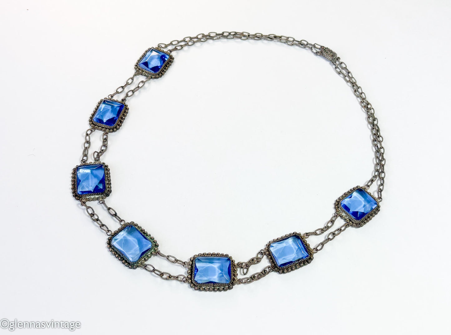 1900s Edwardian Blue Glass & Filigree Rectangle Necklace