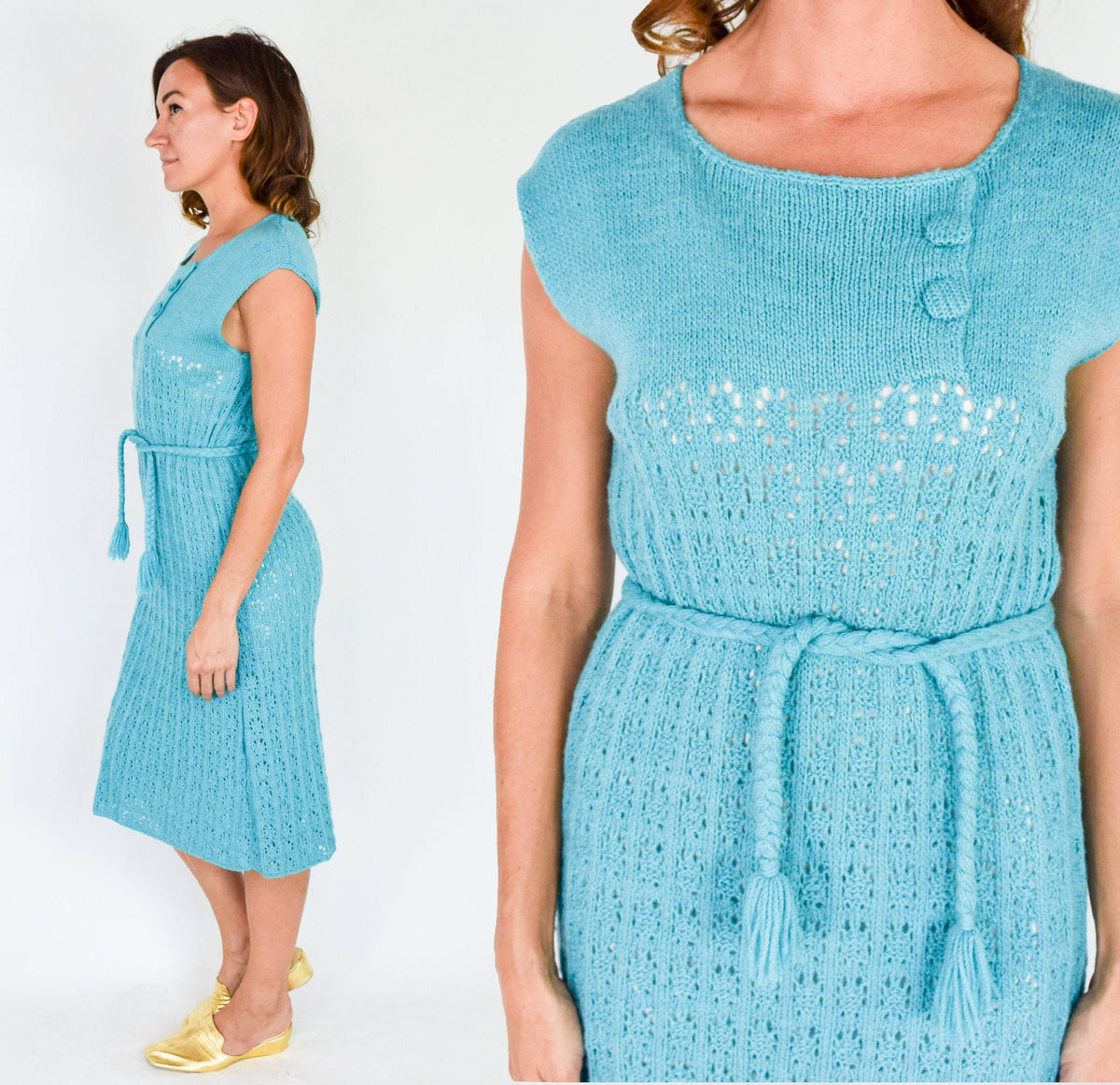 1970s Crochet Knit Sweater Dress | Blue Acrylic Sheath, Medium