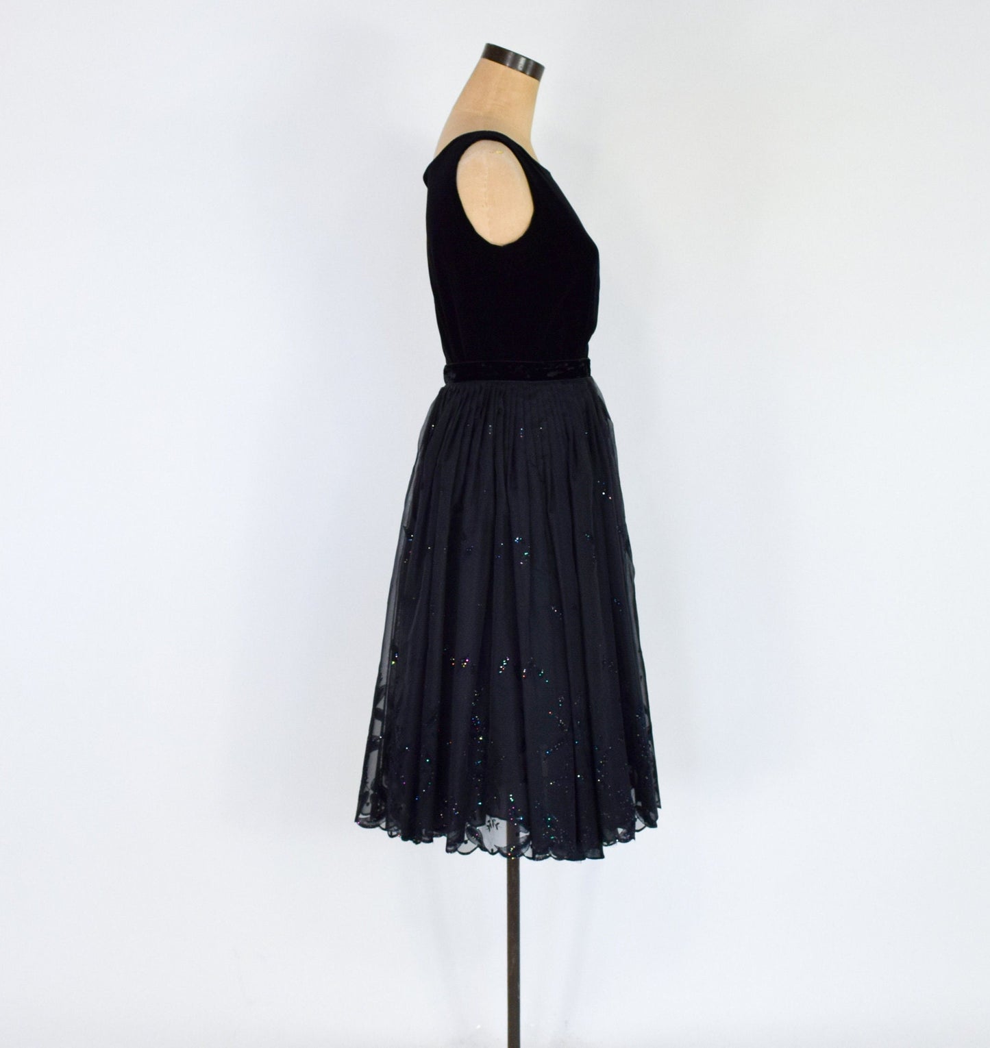 1950s Black Glitter Evening Skirt Set | 50s Black Organza Full Skirt & Velvet Top | Small