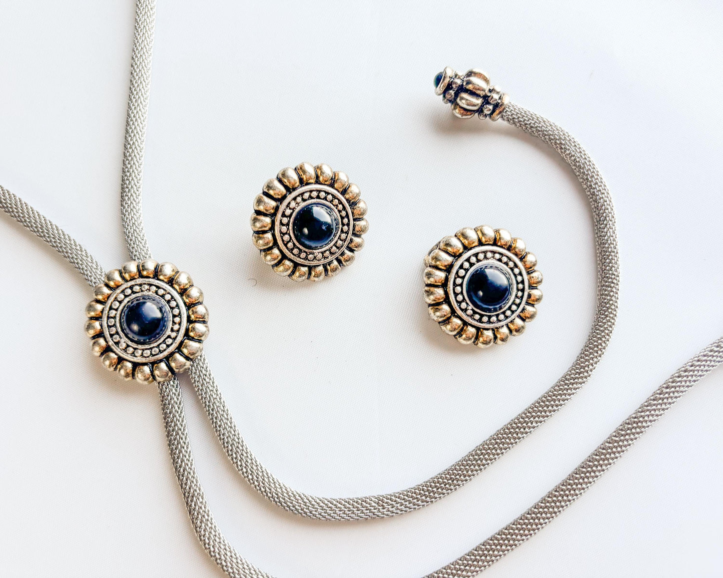 1980s Silver Bolo Tie Necklace & Earring | Silver Necklace Set