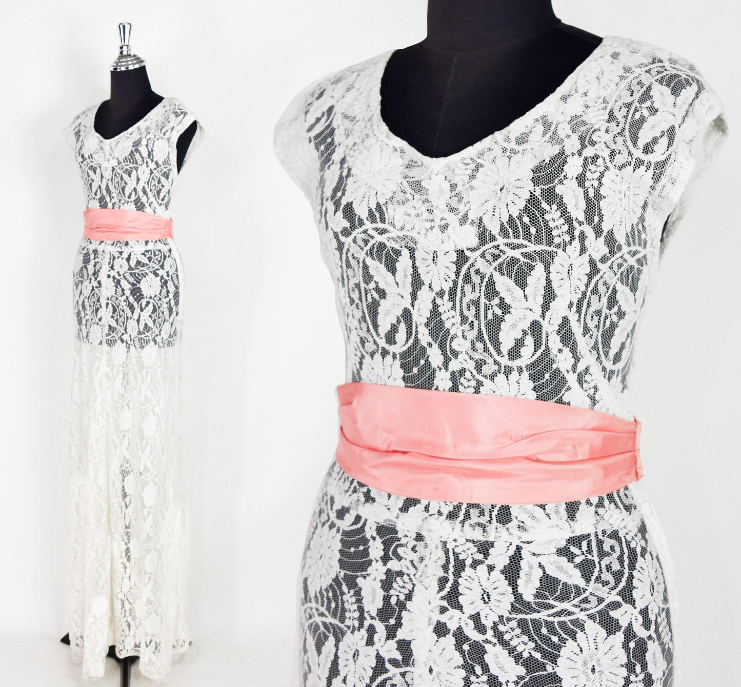 1930s White Lace Gown & Gloves, Garden Party Dress, Extra Small