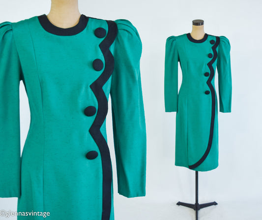 1980s Green Dress with Black Trim, Etoile Collection, Large