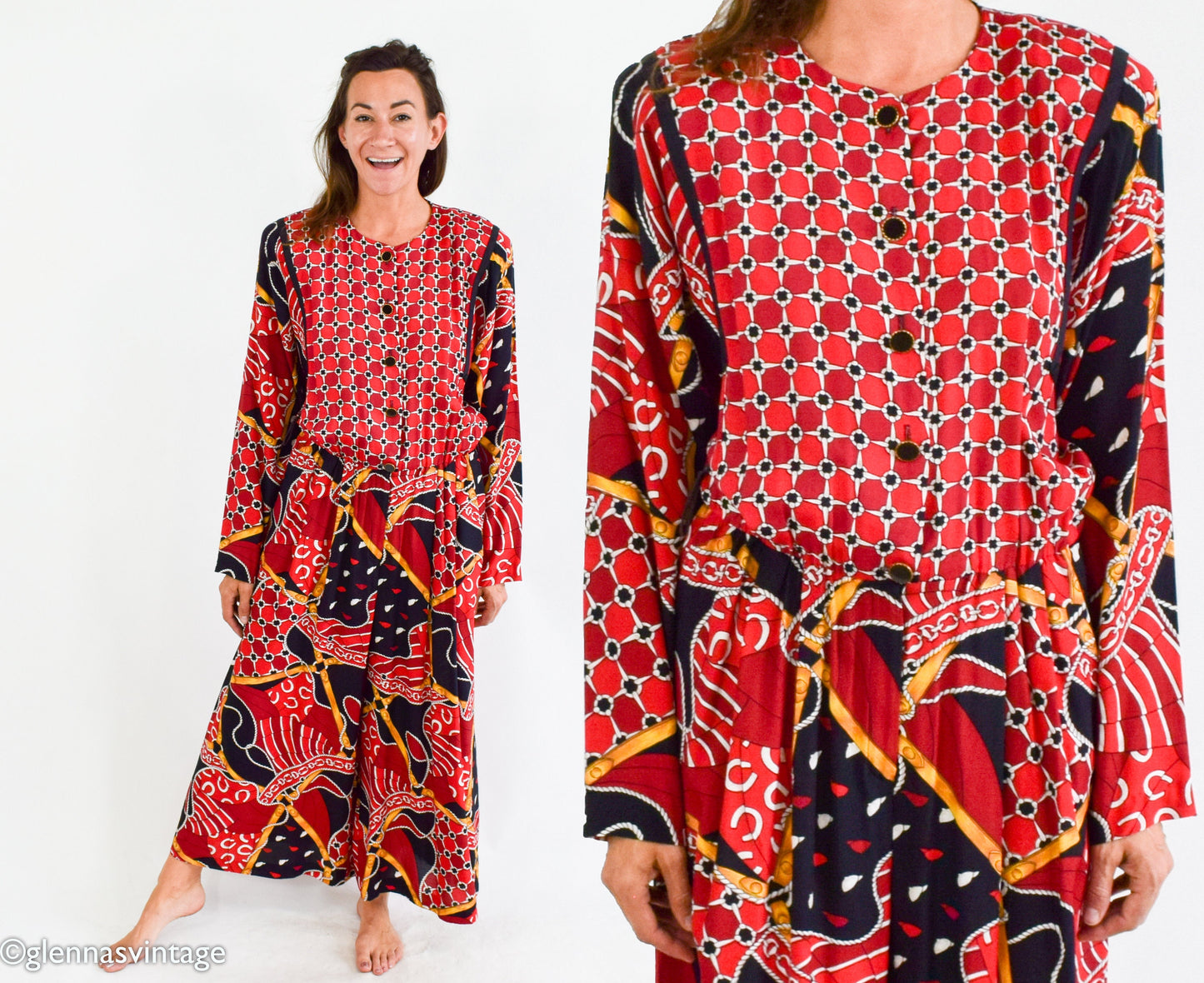 1980s Red Print Jumpsuit | 80s Red Wide Leg Jumpsuit | Choon | Medium