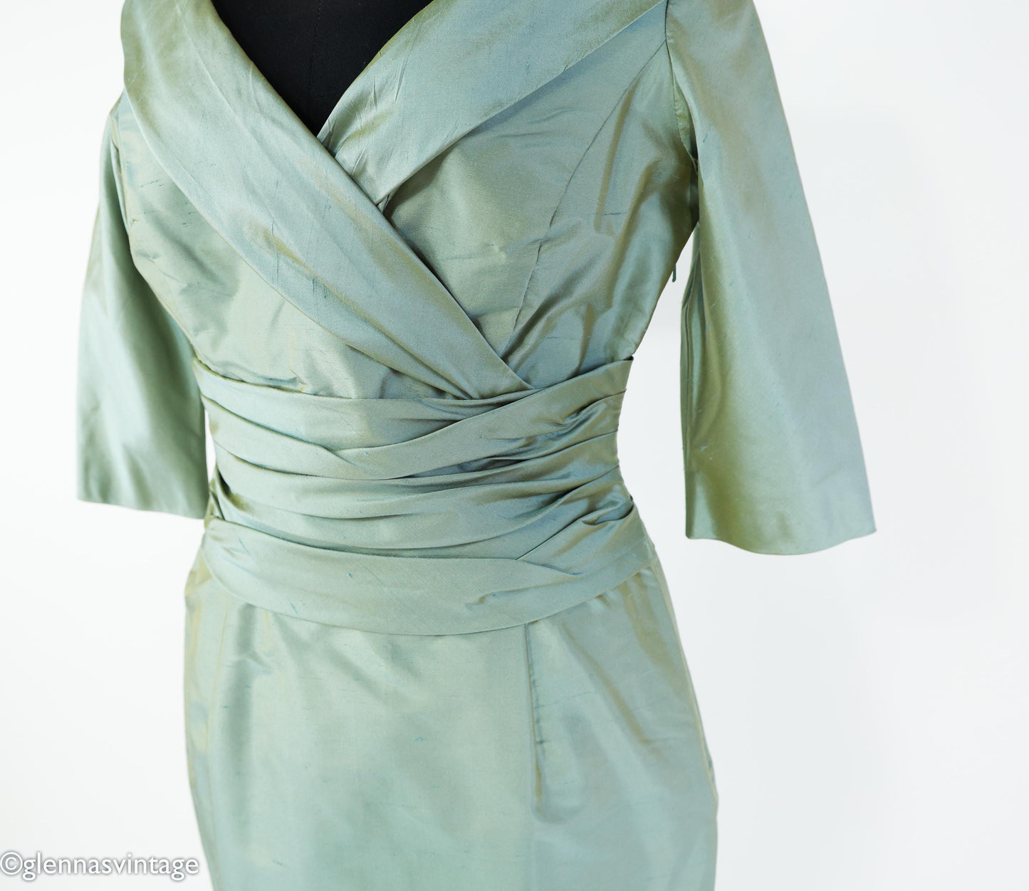 1950s Green Shantung Silk Cocktail Dress, Medium
