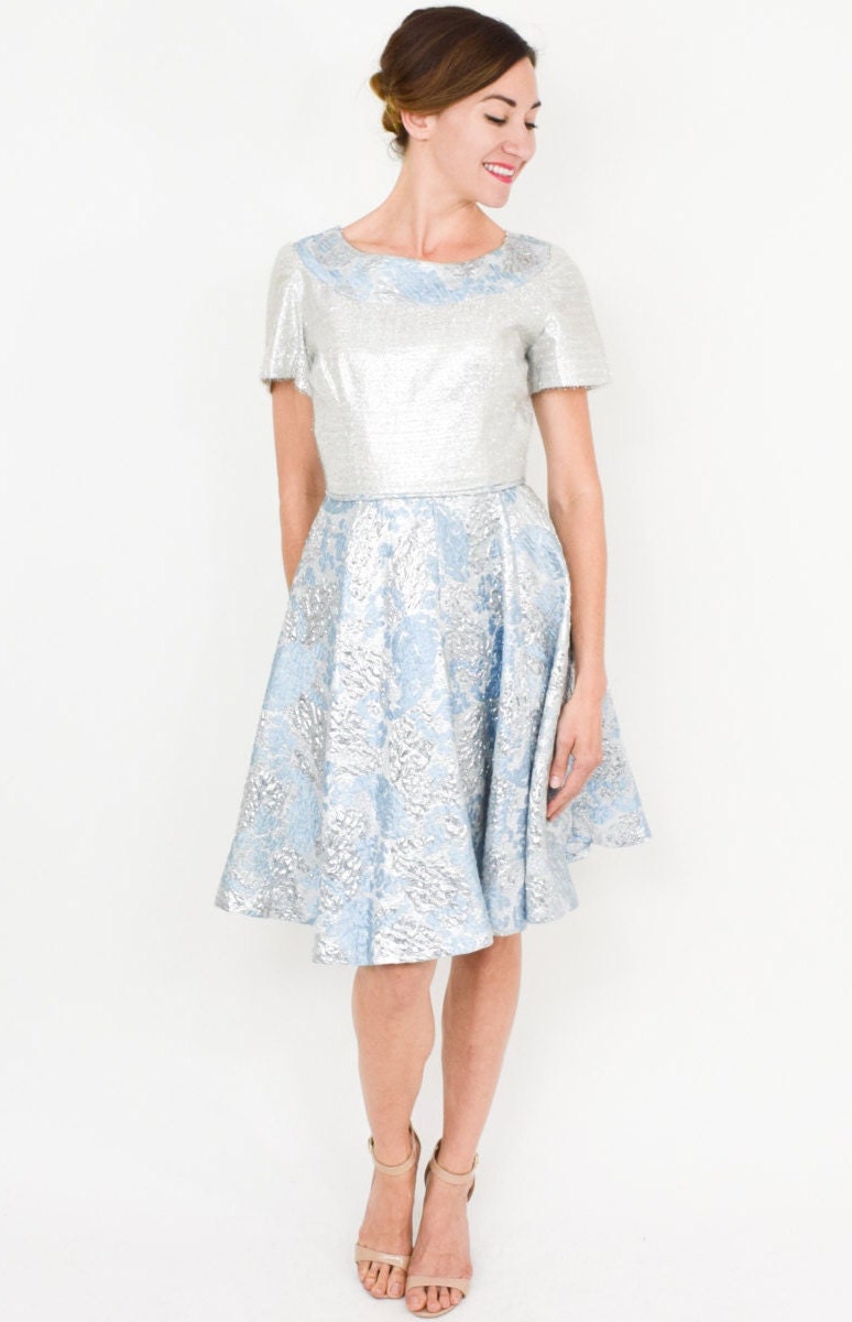 1960s Blue & Silver Party Dress | 60s Metallic Blue Floral Brocade Dress | Extra Small
