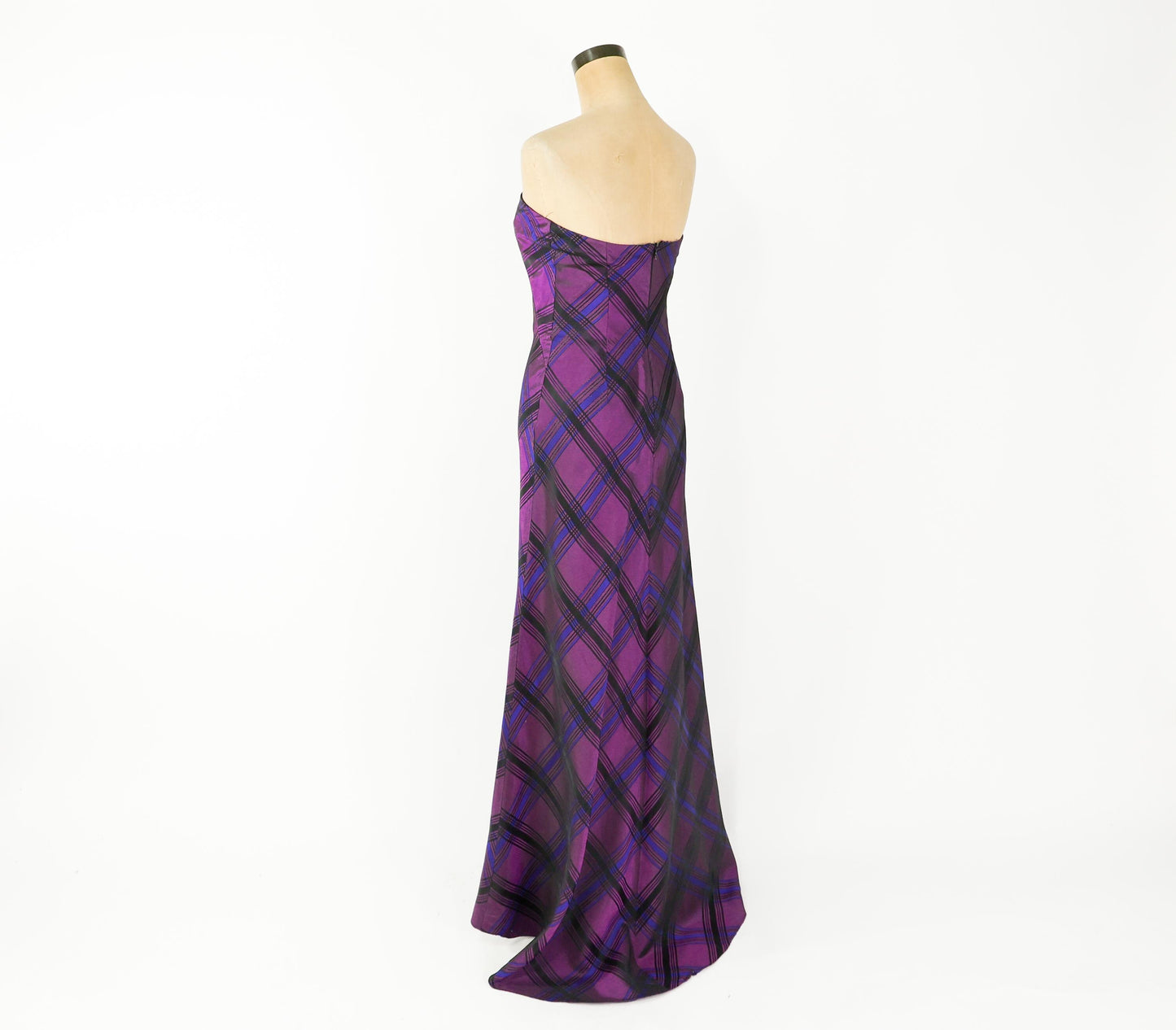 1990s Purple Plaid Taffeta Strapless Dress, Small