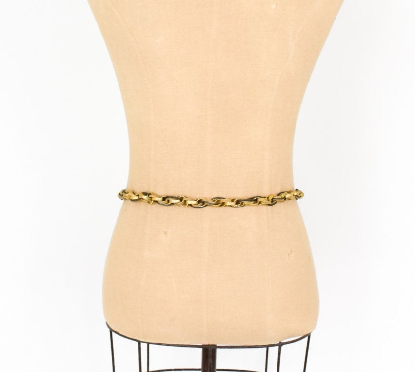 1970s Bronze Chain Belt, Glass & Stone Brass Belt