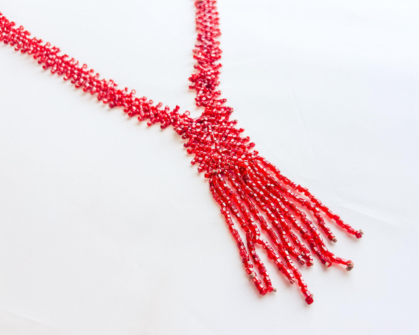 1920 Red Beaded Necklace |  Beaded Flat Woven Necklace