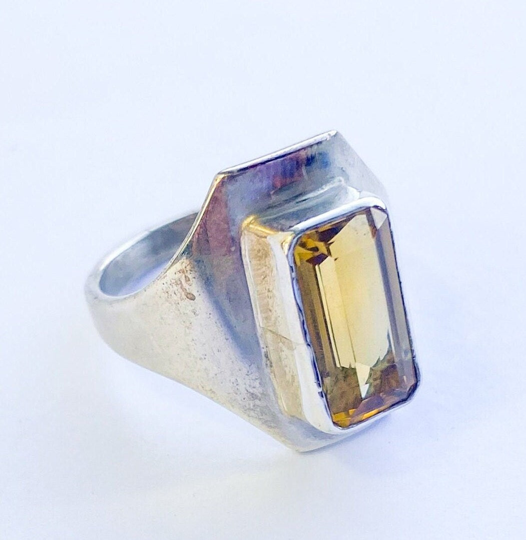 1970s Silver & Topaz Ring | 70s Topaz Glass Silver Ring | Size 7.75