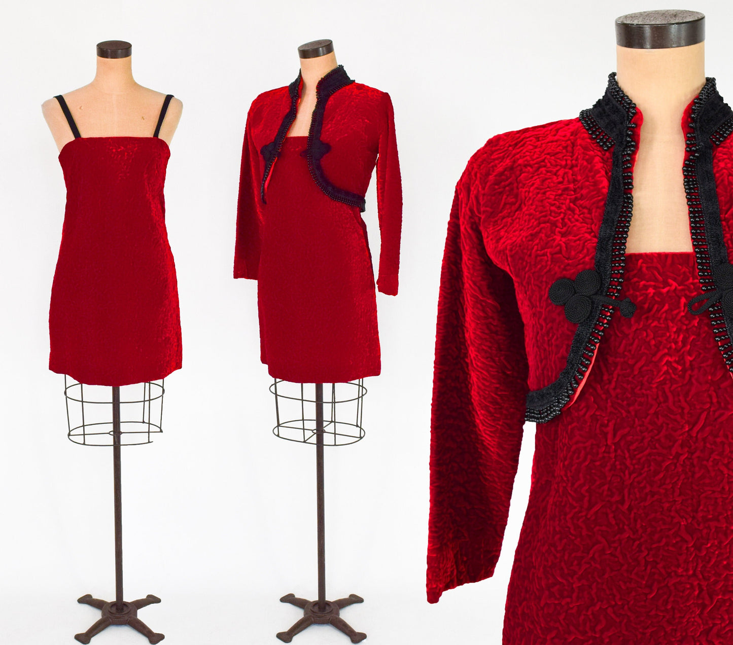 1960s Red Velvet Dress & Jacket | 60s Red Cotton Velvet Mini Dress Jacket | Small