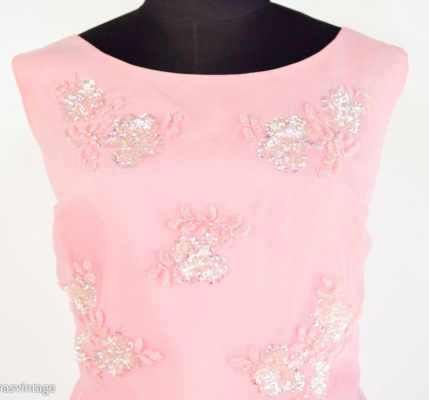 1950s Pink Chiffon Party Dress | Sequin Beaded Cocktail Gown, Large