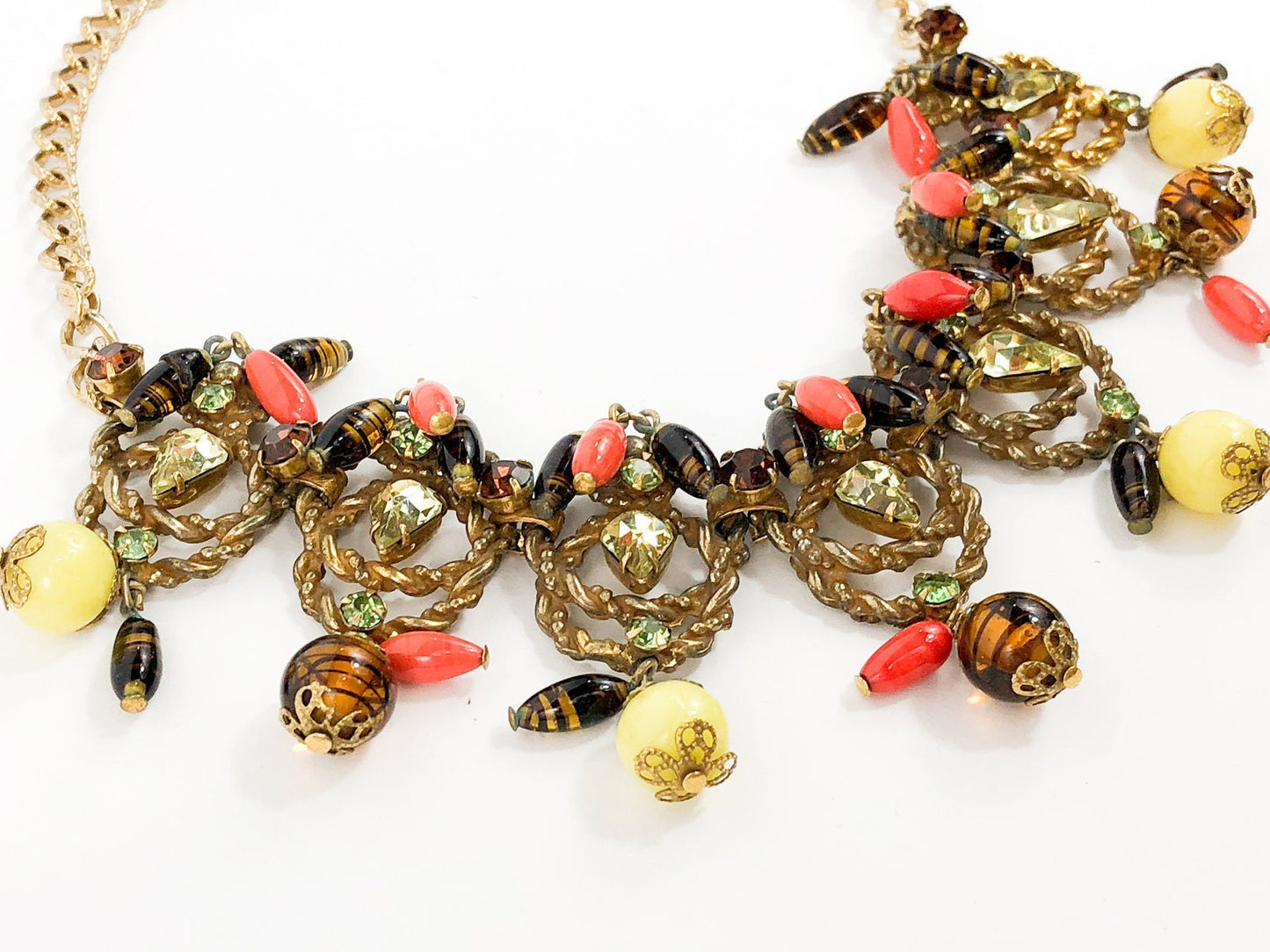 1940s Gold Rhinestone & Art Glass Necklace | 40s Gold Statement Necklace | Orange Yellow Glass Choker