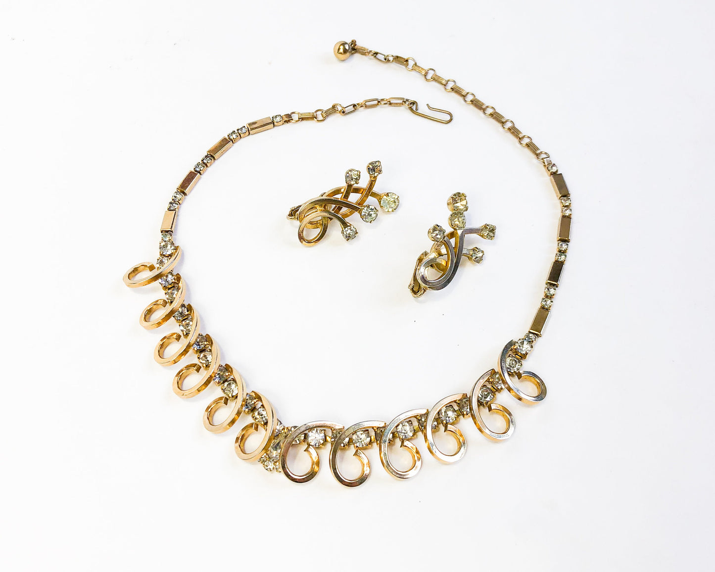 Vintage Gold Tone Rhinestone Necklace and Earrings Set, 1950s Jewelry