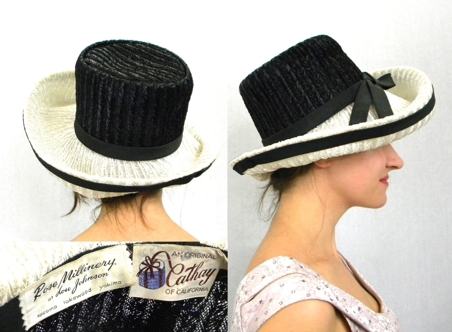 1960s Black White Raffia Wide Brim Hat