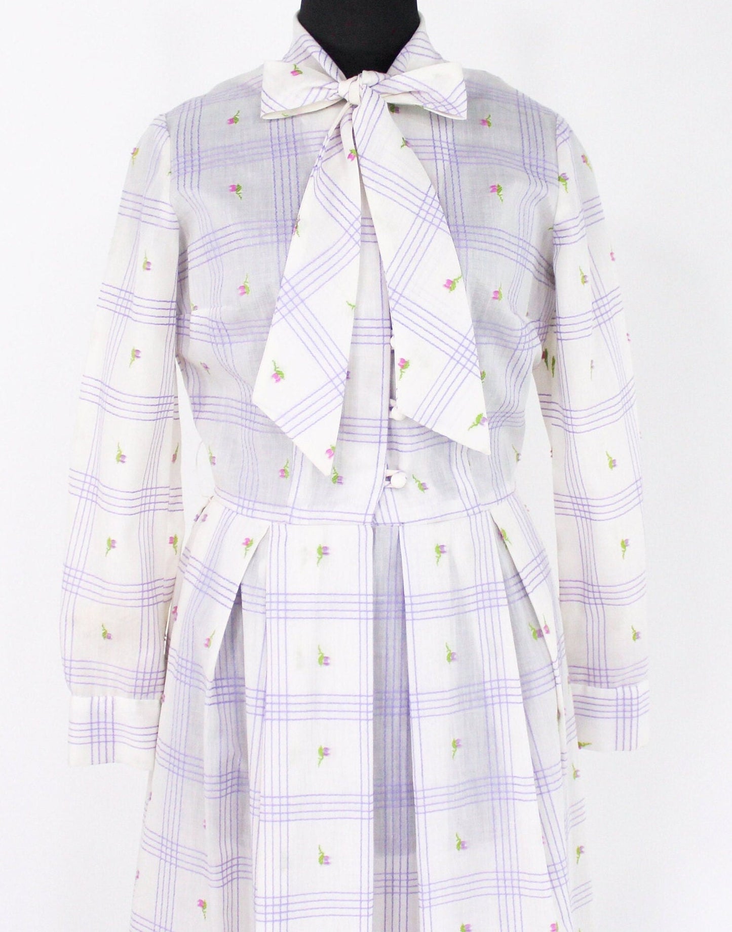 1950s White & Lavender Plaid Shirtwaist, Medium