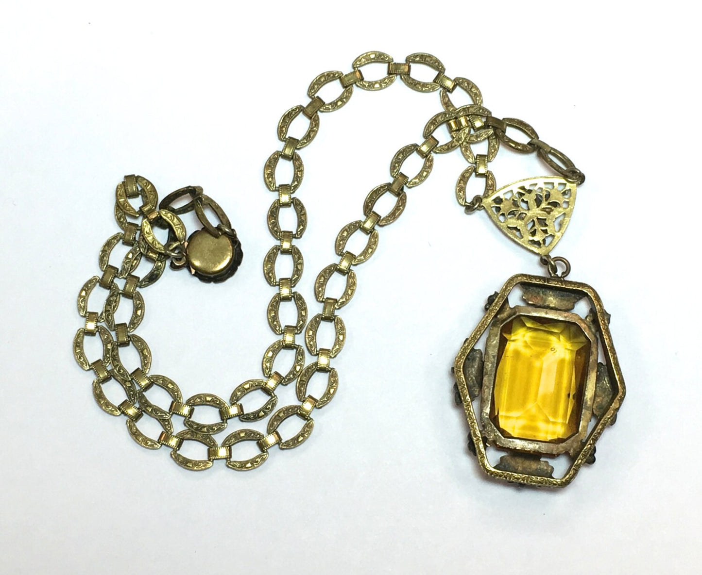 1930s Topaz Glass Filigree Pendant Necklace