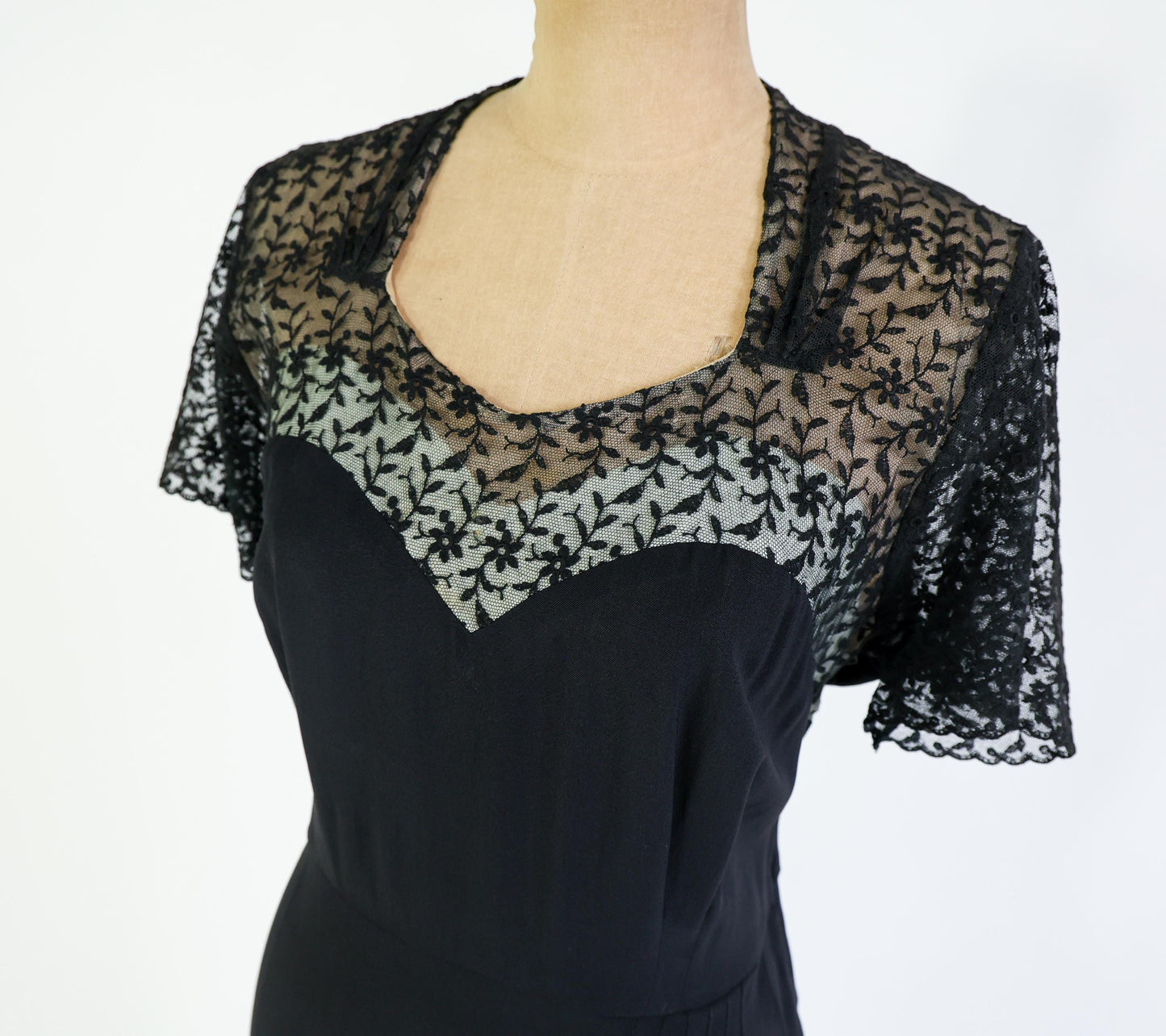 1940s Black Lace Crepe Dress, 34" Waist