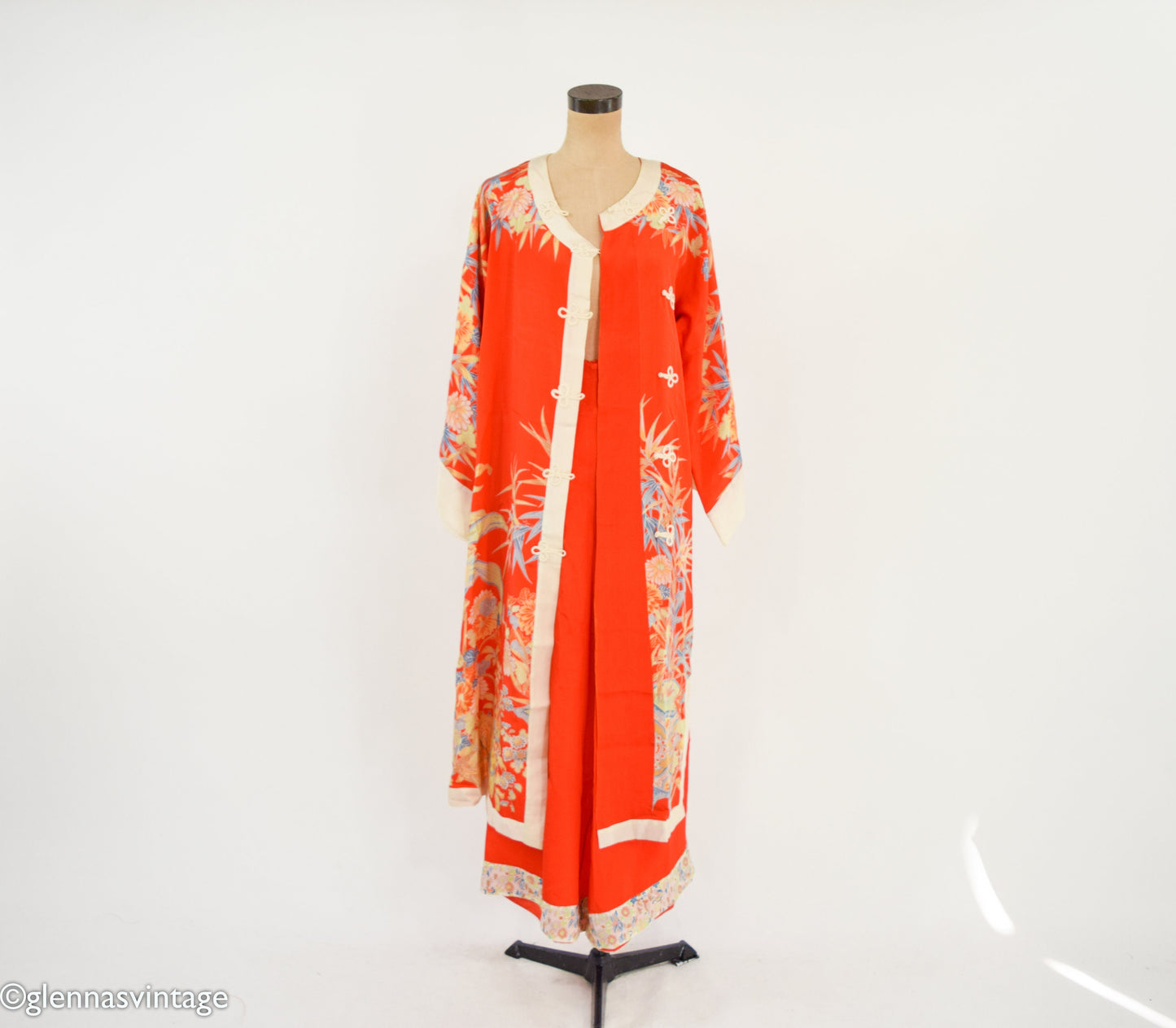 1940s Orange Print Silk Robe and Pajama Set, Large
