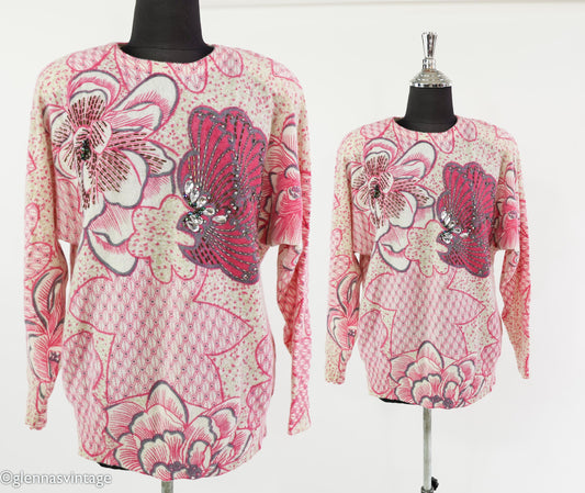1980s Pink Flower Lambswool Sweater, Medium
