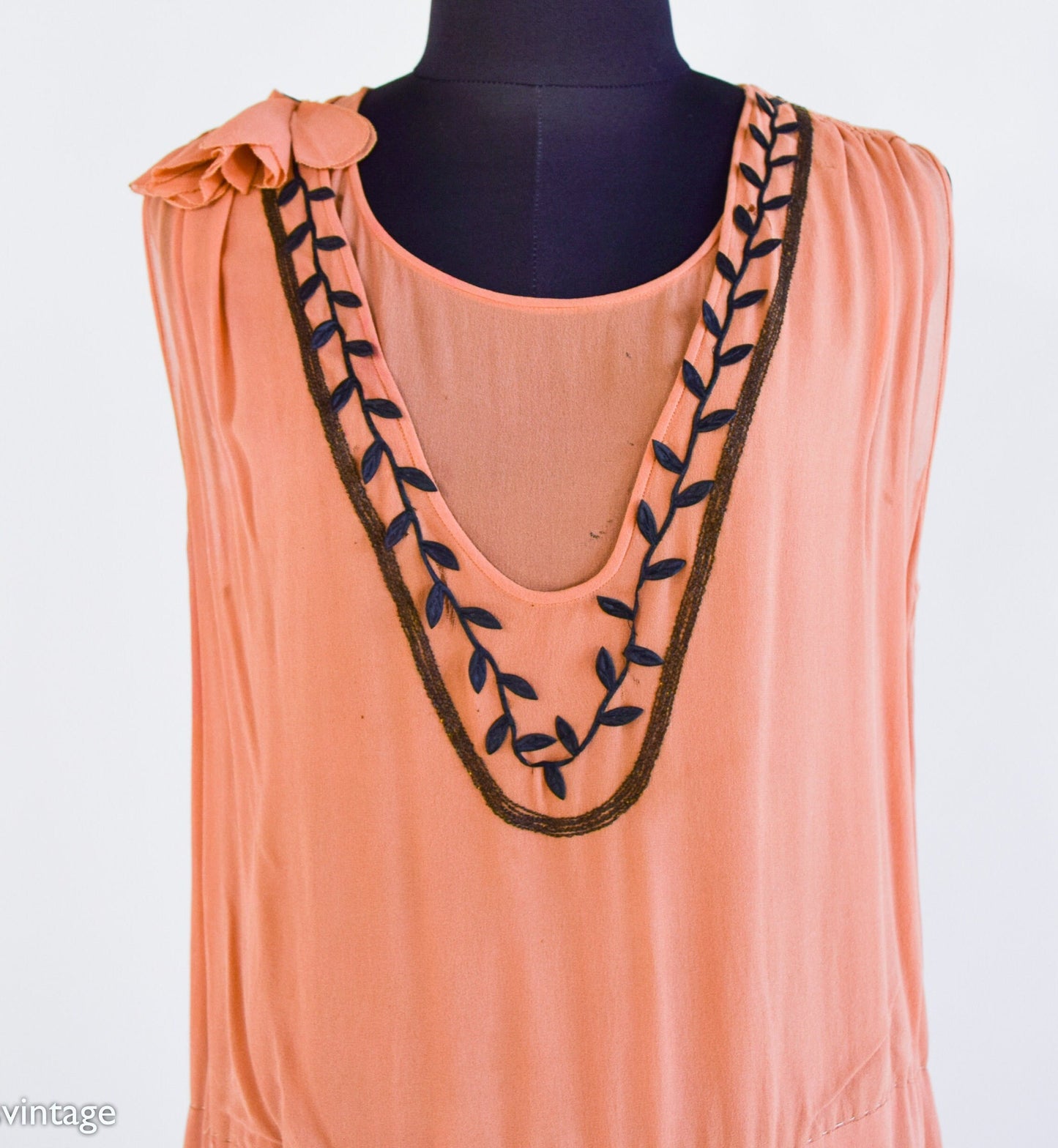 1920s Orange Silk Flapper Dress with Burnout Velvet Panels, Medium