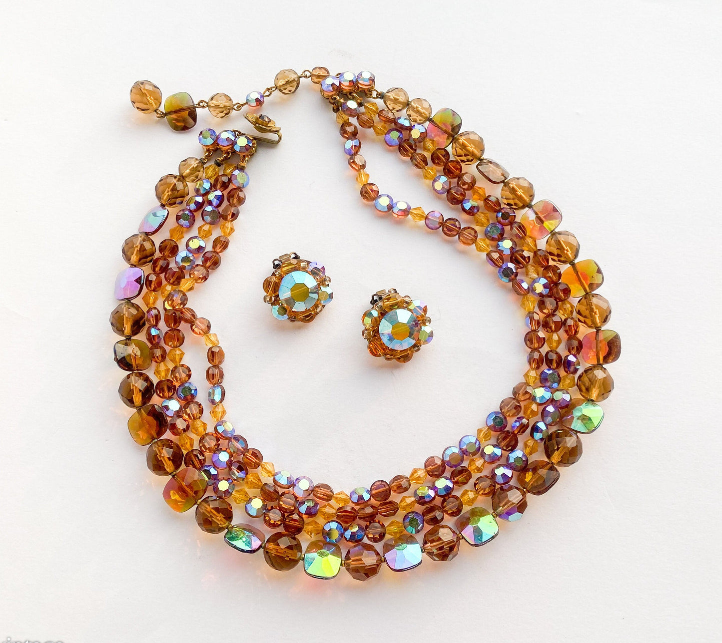1950s Gold Crystal Necklace Set & Clip Earrings Set, De Mario Jewelry Set