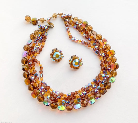 1950s Gold Crystal Necklace Set & Clip Earrings Set, De Mario Jewelry Set