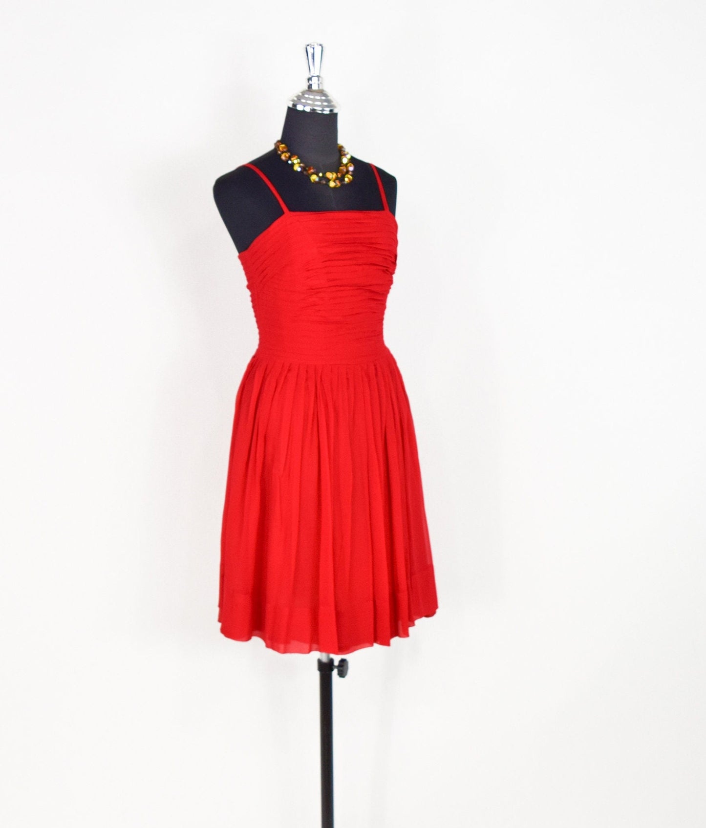 1950s Red Chiffon Party Dress with Pleated Bodice, Extra Small