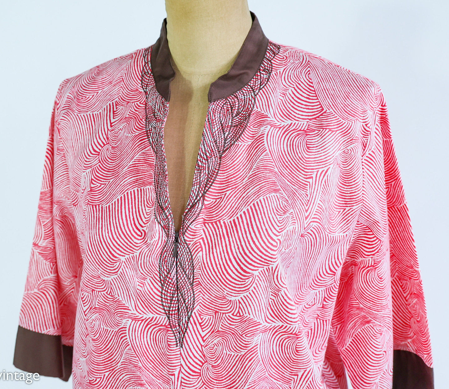 1980s Pink Cotton Caftan | 80s Pink Abstract Hostess Dress | Dressing Gown | I Magnin | Medium