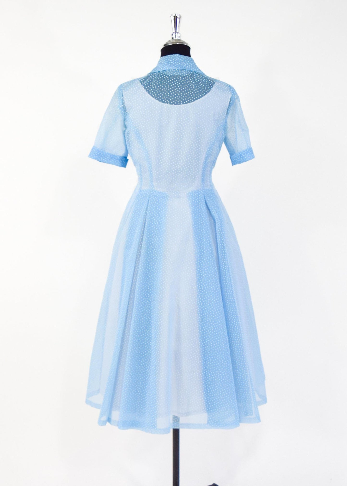 1950s Blue Dotted Swiss Dress with White Lace Trim, Small