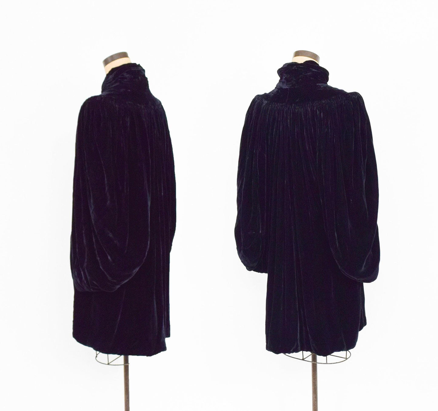 1930s Black Silk Velvet Evening Coat with Black Draped Sleeves Cape, Medium